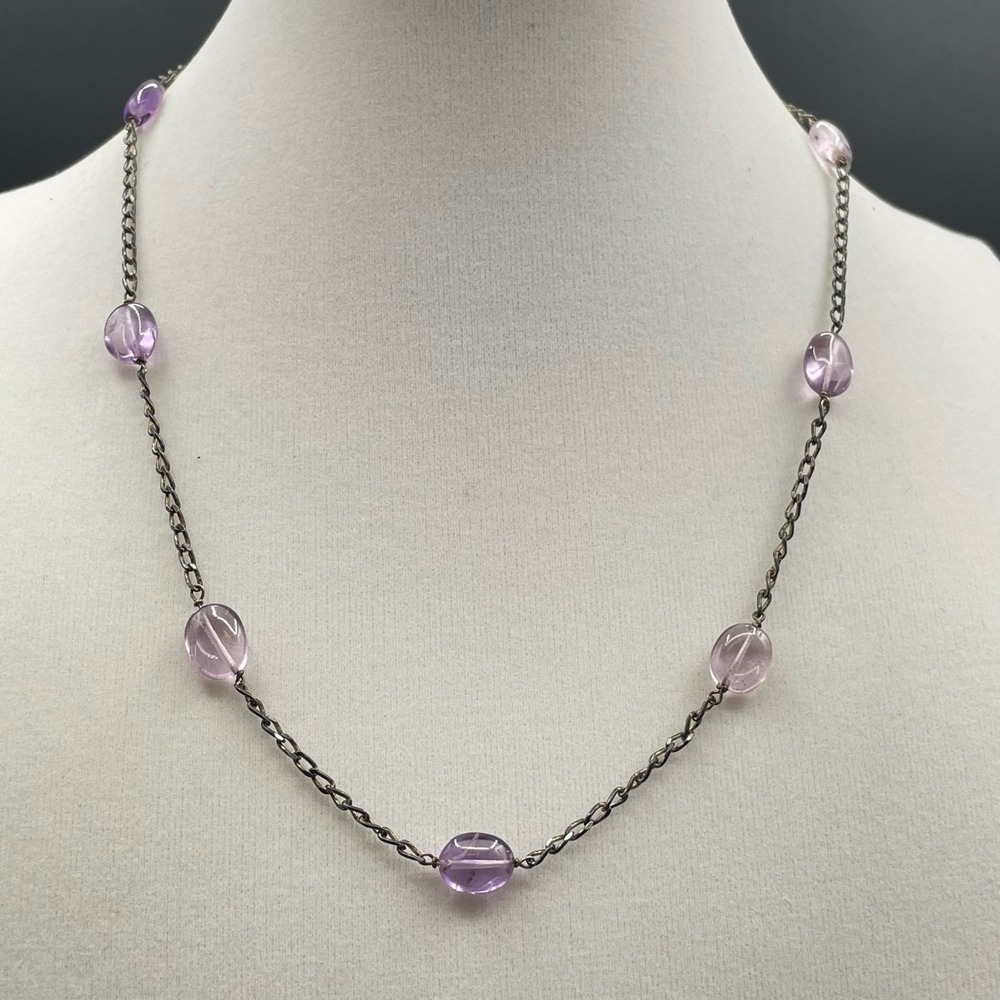 Vintage Long Chain Necklace Amethyst Purple Glass Beads Gunmetal Tone 16" Choker